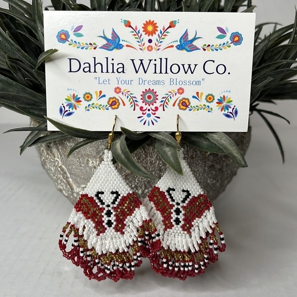 Gorgeous Seed Bead Native American Style Pierced Earrings Butterfly Maroon Gold - Picture 8 of 8